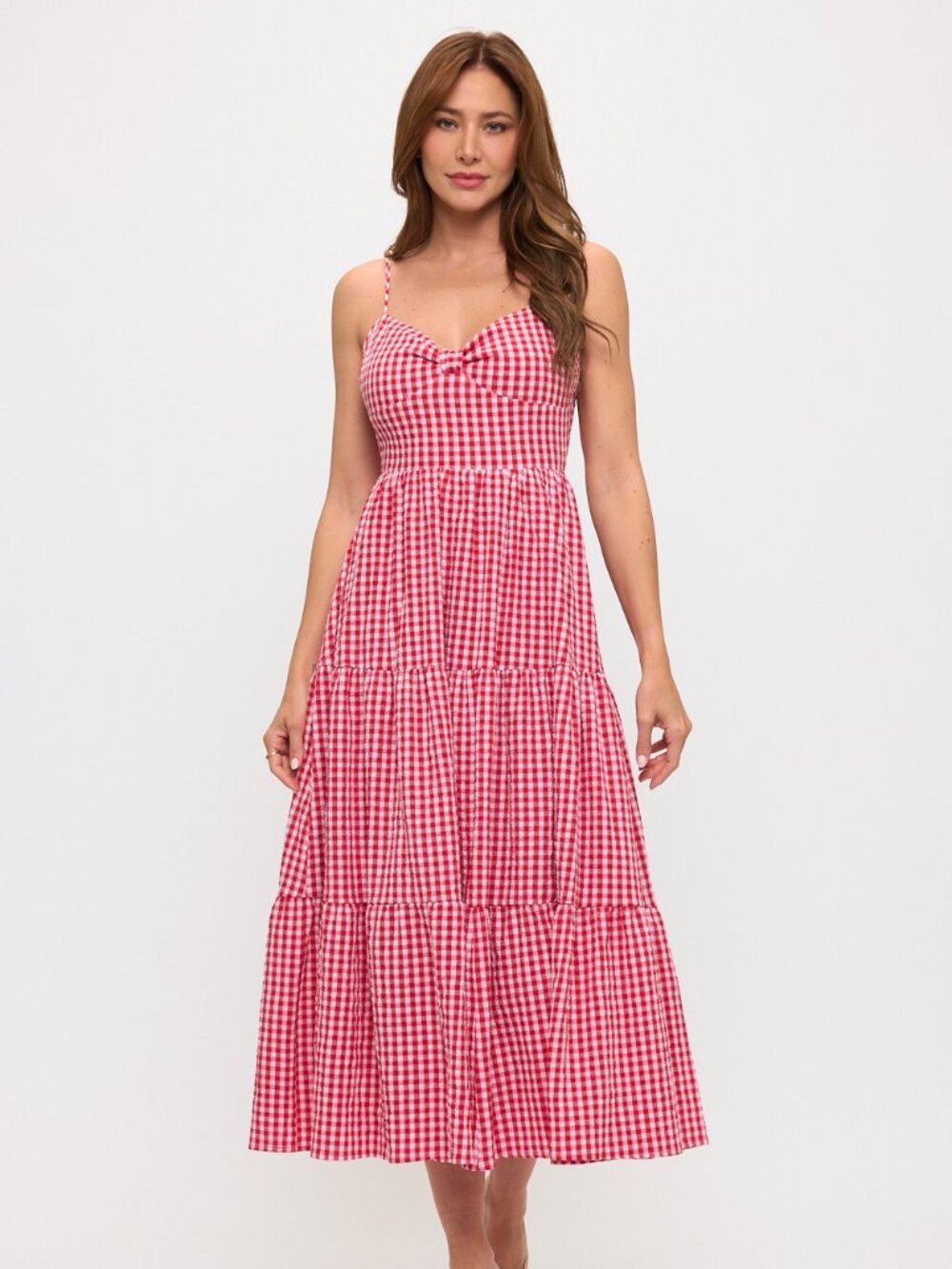 Gingham Bow Bust Tie Back Tiered Maxi Dress